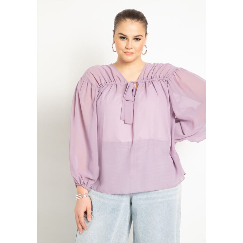 New Eloquii Womans Sz 14 Plus Blouse Tunnel Chiffon Sheer Tie Neck Ruched NWT